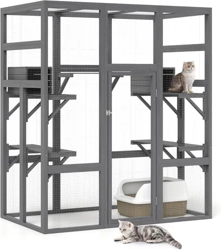 Miniatura 11 de Nyeekoy Refugio de gato al aire libre de madera grande de 71 pulgadas con perchas y condominios, casa para gatos con techo impermeable, refugio
