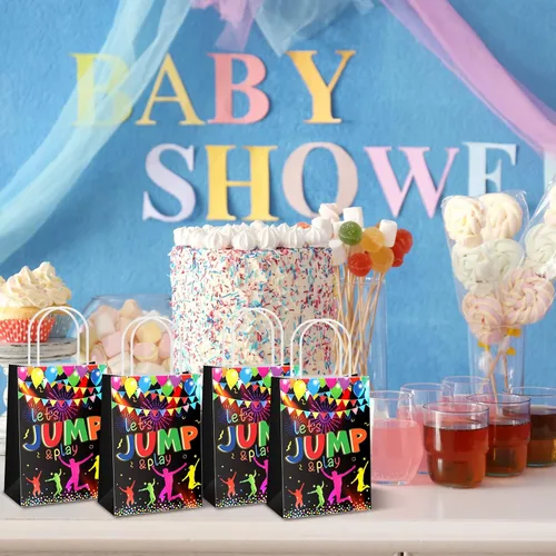 Miniatura 6 de Crtiin 32 bolsas de regalo para trampolín para saltar con temática de salto, bolsas con asas de papel, regalos de fiesta coloridos para niños