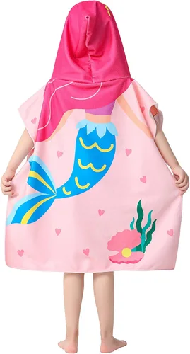 Miniatura 3 de Toalla de playa con capucha de sirena rosa para niñas pequeñas, poncho de baño, piscina, natación, traje de baño suave y ligero de microfibra Nueva