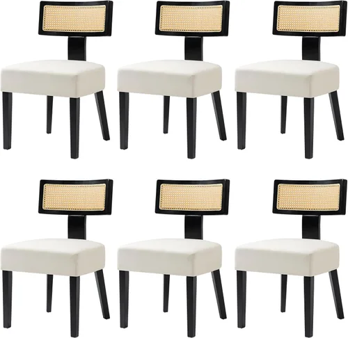 Miniatura 20 de Juego de 4 sillas de comedor, sillas de cocina de tela tapizada en madera, silla acolchada de lino sin brazos con respaldo curvo acentuado