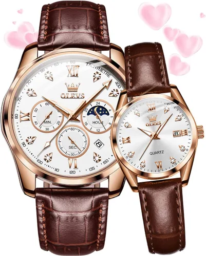 Miniatura 26 de OLEVS Juego de 2 relojes de cuarzo para parejas de San Valentín, para él y ella, cronógrafo de cuero, con diamantes para hombres, mujeres, amantes