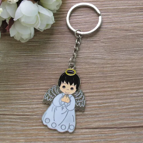 Miniatura 5 de Llavero de bautismo de primera comunión (12 piezas) niño ángel con bolsas decoradas de organza/Recuerdos para Primera Comunión BAUTIZO Niño Oro