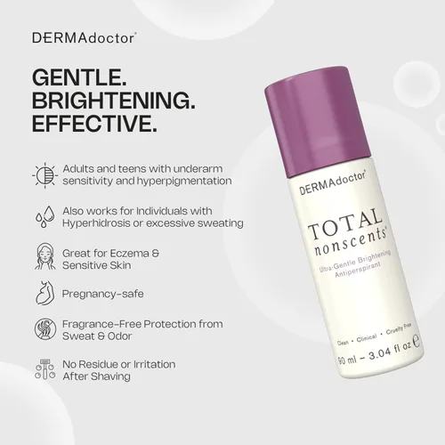 Miniatura 9 de DERMAdoctor Antitranspirante para mujeres con piel sensible, iluminador ultra suave Total NonScents, desodorante antitranspirante de fuerza clínica