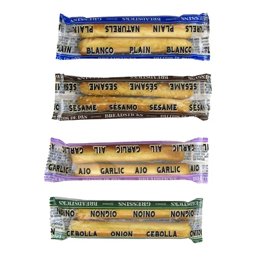 Clown Global Brands Palitos de pan surtidos | Lisos, sésamo, cebolla, ajo | Estuche de 500 unidades | Dos palitos de pan por paquete envuelto