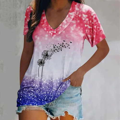 Miniatura 2 de Women's V Neck Butterfly Print Short Sleeve T Shirt Top Casual Summer Blouse Outer Wear Women Tees & Blouses Tunic Tops