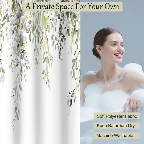 Miniatura 3 de Cortina de ducha verde salvia con eucalipto para baño, cortina de baño impermeable y lavable de tela con hojas de acuarela, juego de cortina