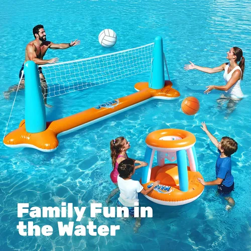 Miniatura 4 de JOYIN Juego de flotador inflable para piscina, red de voleibol y aros de baloncesto, juguete flotante de natación para niños y adultos, flotadores
