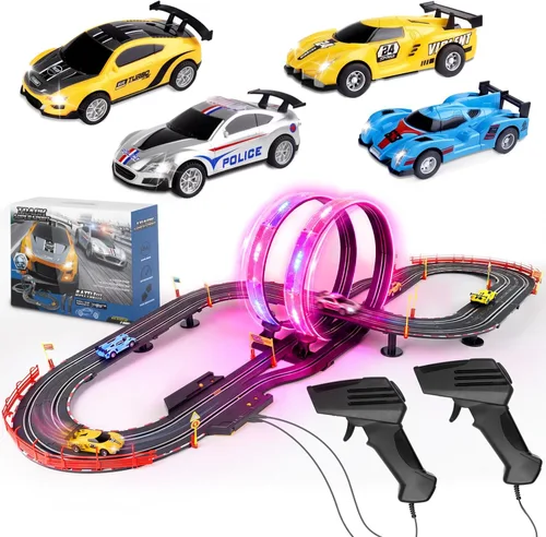 Juego de pistas de carreras de autos de tragamonedas, pista eléctrica de 19 pies con luces LED y 4 autos de tragamonedas, 2 controladores de mano y