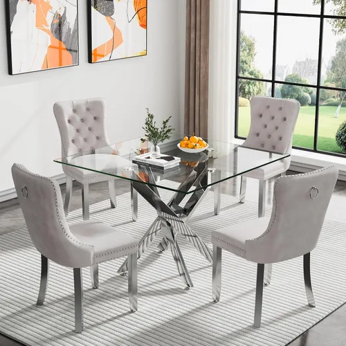 Miniatura 8 de Juego de 4 mesas de comedor de cristal para 4, juego de 4 mesas y sillas de cocina modernas, juego de mesa de comedor de cocina de 5 piezas con mesa