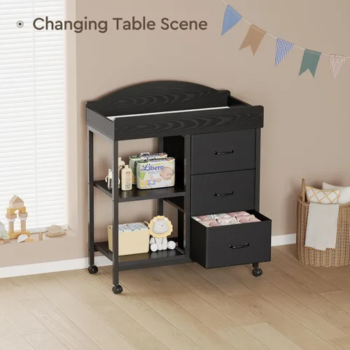 Miniatura 7 de YeTom Mesa Cambiador Cómoda, Cómoda para Bebé con 3 Cajones de Tela y 2 Estantes, Mesa Cambiador Multifuncional para Bebé con Almohadilla, Cómoda