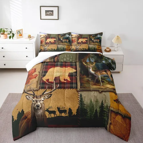 Miniatura 43 de Manfei Rutic Farmhouse - Juego de edredón tamaño King, juego de ropa de cama de retazos de madera a cuadros de ciervo, oso, árbol, 3 piezas