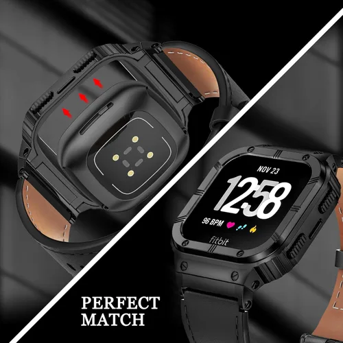 Miniatura 4 de BAITEYOU Leather Bands with Stainless Steel Case Compatible with Fitbit Versa 1 2 3 4 Lite Sense 2 1 Protective case for men