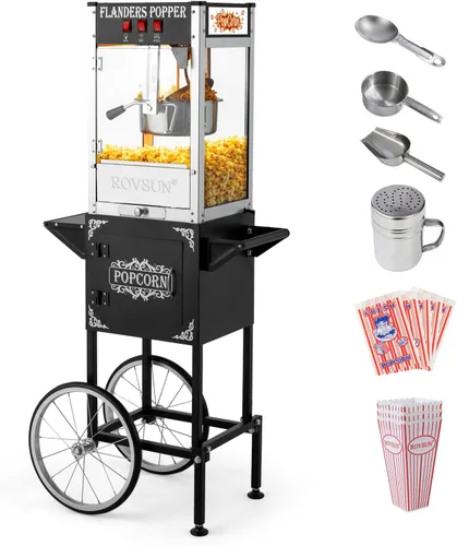 ROVSUN Máquina de palomitas de maíz con carrito, ruedas y hervidor de 8 onzas que hace hasta 32 tazas, certificada ETL, máquina de palomitas con