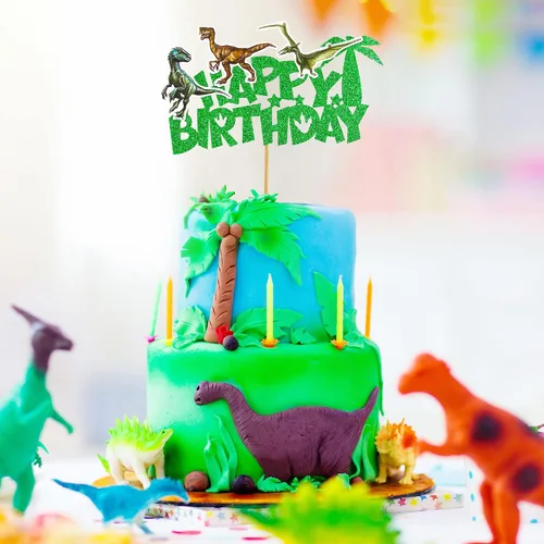 Miniatura 6 de Gyufise Decoración de pastel de dinosaurio con purpurina para decoración de pastel de dinosaurio para baby shower, niños y niñas, decoración