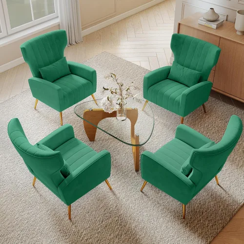 Miniatura 15 de Nebuaegis Silla decorativa de terciopelo con respaldo alado para sala de estar, sillón de respaldo alto con patas doradas, almohada lumbar, sofá