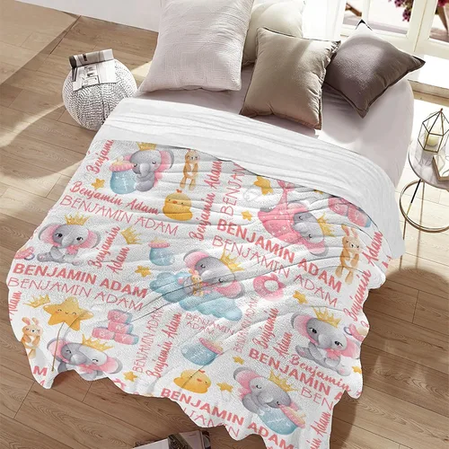 Miniatura 5 de Manta personalizada con nombre de Elaphants, regalo para bebés y niñas, manta de franela suave para recién nacidos, cómoda y acogedora, manta