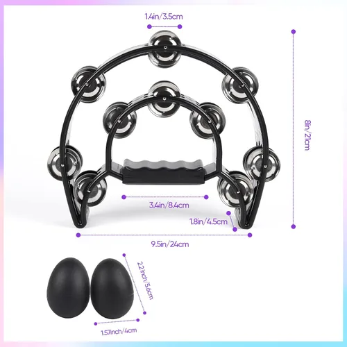 Miniatura 5 de Pandereta de Doble Fila con Cascabeles de Metal, Instrumento de Percusión de Mano en Forma de Media Luna para Adultos y Niños, Fiestas, KTV, Negro