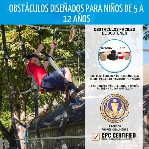 Miniatura 3 de Hyponix Ninja Carrera de Obstáculos para Niños – 2 x 60 pies Slacklines con 13 Obstáculos Resistentes a la Intemperie – Red Mono, Ratchet-Tight gris
