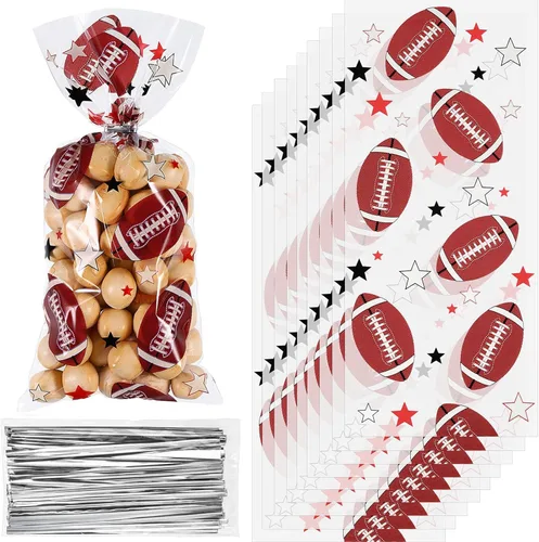 Blulu 100 bolsas de golosinas de fútbol, bolsa de plástico para dulces con corbatas, regalo para fiesta de noche, accesorios para cumpleaños,