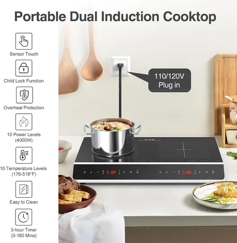 Miniatura 9 de GIHETKUT Placa de cocción de doble inducción, 4000 W, 2 quemadores, placa de inducción con pantalla táctil LED, 10 niveles de ajustes con bloqueo