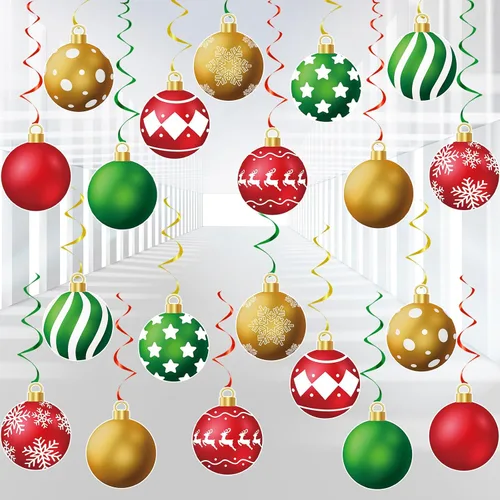 YQUQWN 48 piezas de adornos colgantes de Navidad en espiral - Bolas de alce con copos de nieve en rojo, verde y dorado para fiestas navideñas, árbol