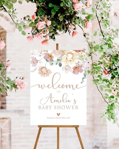Miniatura 13 de Letrero de Bienvenida para Baby Shower de Flores Silvestres, Letrero de Baby Shower con Lazo Rosa, Póster de Bienvenida para Baby Shower, Decoración