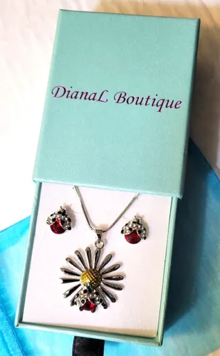 Miniatura 5 de Hermoso collar y aretes con colgante de mariquita en tono plateado, cadena de 19 pulgadas, joyería de moda en caja de regalo, Diamante de imitación
