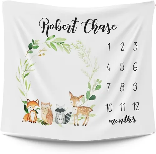 Miniatura 4 de Gearpenguin Manta mensual personalizada de hitos para bebé, con fotos de animales del bosque, seguimiento del crecimiento de niñas, regalo