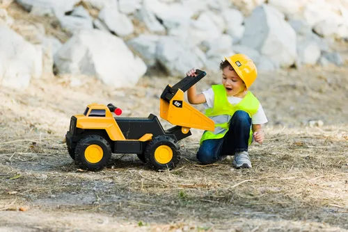 Miniatura 5 de Juguetes de construcción Cat, camión de volteo de acero para jugar y montar, juguete de vehículo de 2-en-1 montado a pie con luces y sonidos