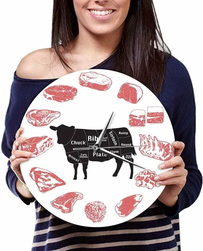 Miniatura 8 de The Geeky Days Angus Beef Chart - Reloj de pared minimalista con diseño de carne, casa de carne, cocina de granja, arte de pared, silencioso, reloj