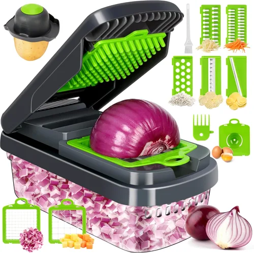 Miniatura 9 de Picador de verduras, picador de alimentos multifuncional 12 en 1, picador profesional de cebolla con 7 cuchillas, cortador de verduras con Blanco