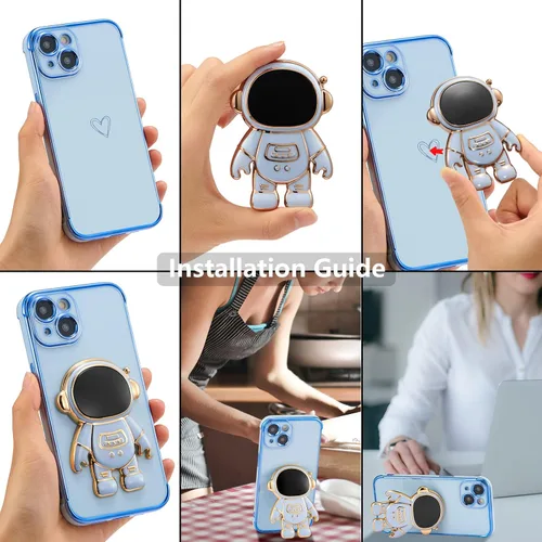 Miniatura 6 de RALEAVO Funda para iPhone 11, linda funda de astronauta 6D con función de soporte, funda con enchapado de lujo, ajuste delgado, TPU suave, protector