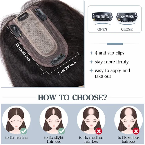 Miniatura 4 de Benehair Toppers de cabello humano para mujer, 100% cabello humano Remy, densidad del 150%, sin flequillo, 2.8 x 5.1 in, base de seda, piezas