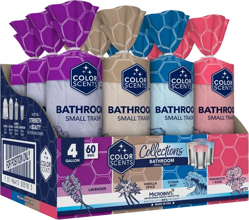 Bolsas de basura pequeñas de Color Scents - 4 galones, 720 bolsas en total (12 paquetes de 60 unidades), con nudo (4 combinaciones únicas de aroma y