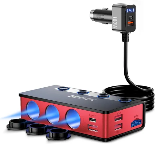 Miniatura 8 de BESTEK Divisor de encendedor de cigarrillos de 180 W, encendedor de cigarrillos de coche de 3 enchufes con puertos PD36W/65W y QC3.0 de 18 W