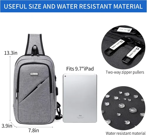Miniatura 37 de DUSLANG Mochila de hombro para senderismo, bolsa cruzada para hombres, bolsas de pecho con puerto de cargador USB para campamento casual, ciclismo