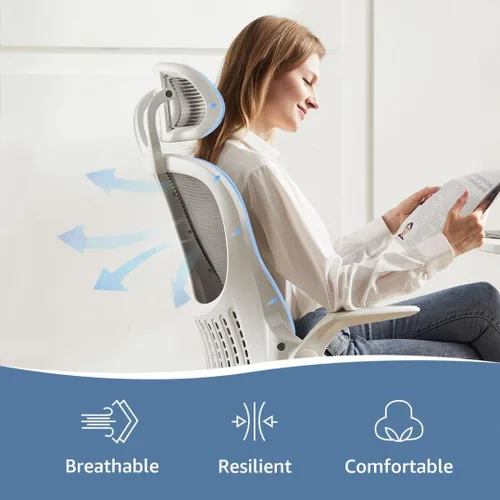 Miniatura 5 de Silla de oficina, sillones de escritorio ergonómicos con soporte lumbar ajustable y reposabrazos abatibles, silla de trabajo de malla con respaldo