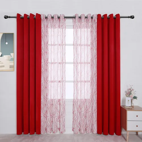 Miniatura 27 de BONZER Cortinas para Mezclar y Combinar - 2 Piezas de Cortinas Transparentes con Estampado de Ramas y 2 Piezas de Cortinas Opacas para Dormitorio