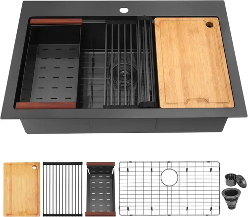 Miniatura 9 de LQS Fregadero de cocina negro con caída de 33 x 22 pulgadas, fregadero de acero inoxidable calibre 16, fregadero profundo y grande con estación