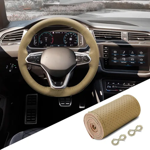 Funda de cuero para volante, con cordones, transpirable, antideslizante, protector para volante de automóvil para un diámetro máximo de 15 pulgadas,