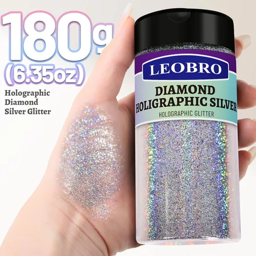 Miniatura 2 de Leobro - Brillantina plateada, 180g/6.35oz de brillo fino holográfico para resina, manualidades, vasos, uñas, cuerpo, diamante holográfico plateado