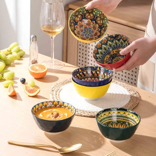 Miniatura 3 de Henten Home Juego de 6 cuencos pequeños para postre, juego de cuencos de arroz de cerámica de 12 onzas, cuencos coloridos de porcelana para Bohemio