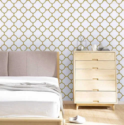 Safiyya Papel tapiz despegable y adhesivo de 393" x 17.7 pulgadas, papel de contacto dorado blanco, autoadhesivo, removible, papel tapiz moderno con