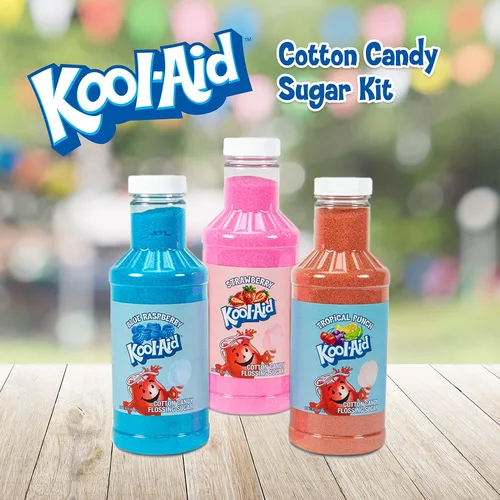 Miniatura 2 de Nostalgia Kool-Aid - Kit variado de algodón de azúcar – 3 sabores de azúcar de hilo dental (frambuesa azul, fresa, ponche tropical) – Botellas de 7