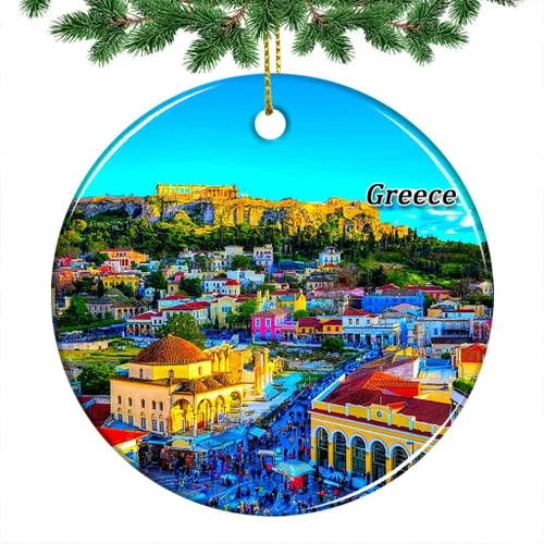 Grecia Acrópolis de Atenas Adorno de Navidad colgante de árbol de Navidad 2022 Decoración colgante de cerámica de doble cara recuerdo regalo de