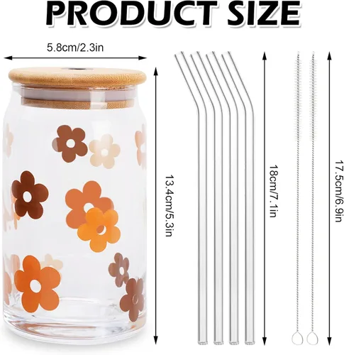 Miniatura 2 de Whaline Juego de 4 vasos para beber con tapas de bambú y popote de vidrio, taza de vidrio en forma de lata de 16 onzas, vaso de café helado, ideal