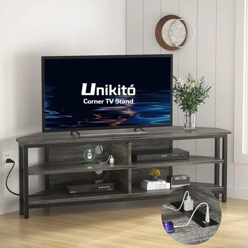 Miniatura 8 de Unikito Soporte esquinero de TV con toma de corriente, mesa de esquina para centro de entretenimiento con 4 estantes abiertos, mueble de TV