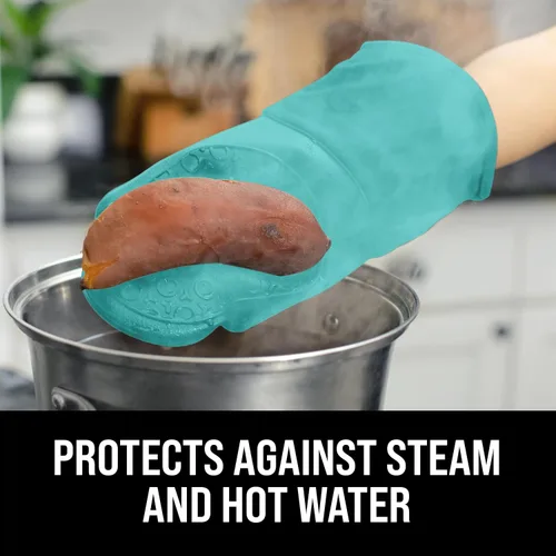 Miniatura 4 de Guantes de horno de silicona con forro de algodón acolchado – profesional resistente al calor olla de cocina soportes – 1 par 2-Turquesa