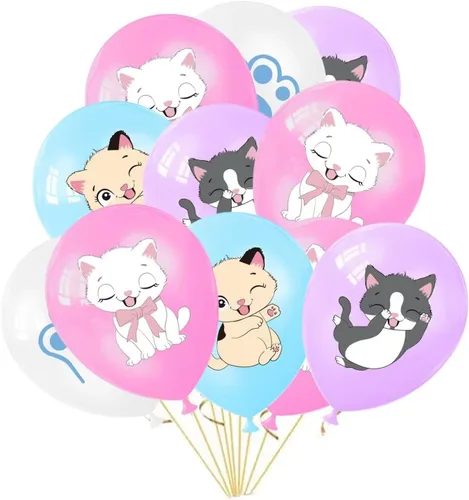Miniatura 9 de Globos de fiesta de gatos, globos de gatito para decoración de cumpleaños, 16 globos de látex con estampado de gatos de dibujos animados