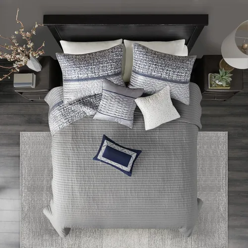 Miniatura 11 de Madison Park Juego de edredón Queen de jacquard lustroso y purpurina, conjunto de cubrecama para cama tamaño Queen – para todas las estaciones